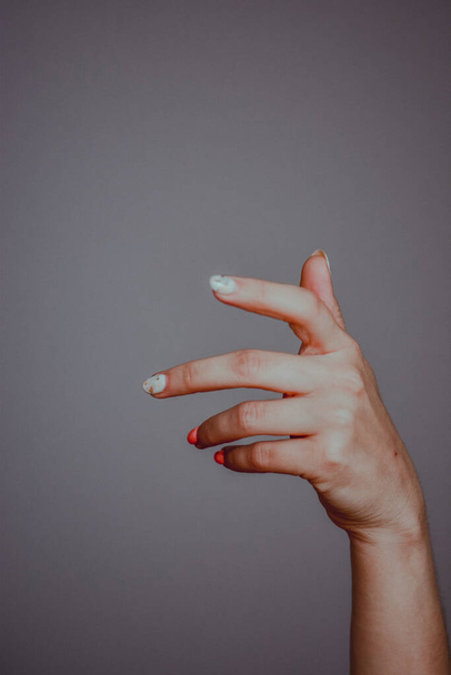 A vertical shot of female hand on grey background - Photo, image