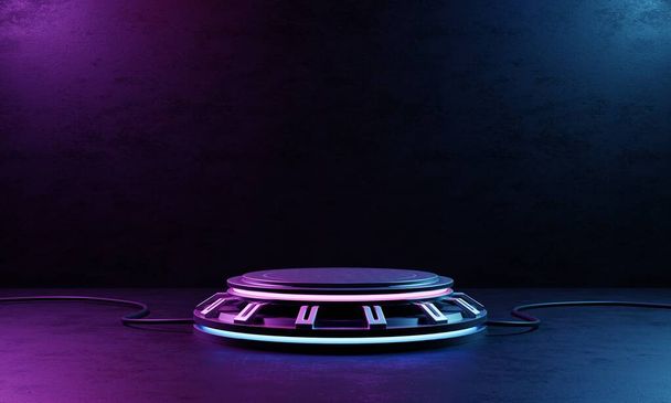 Cyberpunk produit podium plate-forme studio avec projecteur bleu et violet et style grunge texturé en arrière-plan de vaisseau spatial. Concept de scène technologique futuriste. Illustration 3D rendu graphique - Photo, image