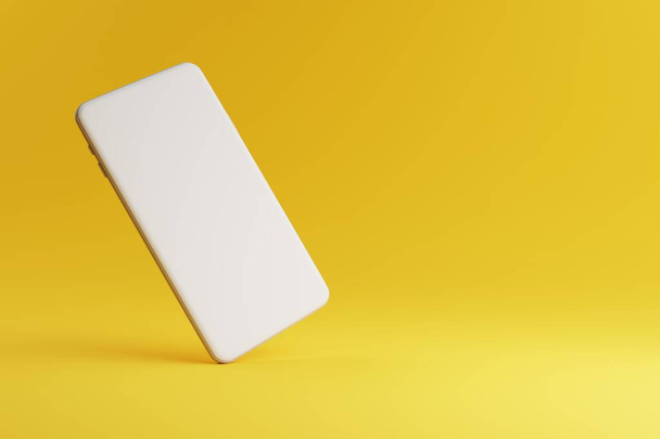 Móvil mockup teléfono con blanco pantalla en blanco sobre fondo amarillo con espacio de copia. Concepto de gadget de tecnología y comunicación. Ilustración 3D renderizado diseño gráfico - Foto, Imagen