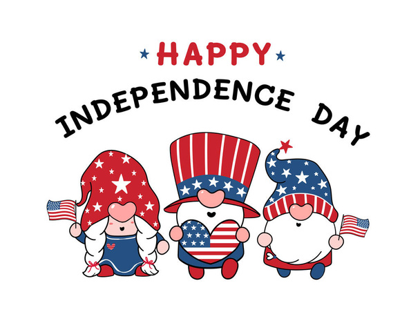 Three Cute America Gnome 4th of July Independence day doodle cartoon vector illustration - Vektor, obrázek