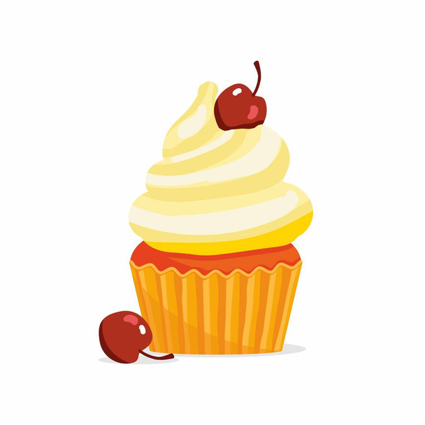 happy birthday sweet vanilla cupcake with cherry. Celebration isolated icon vector illustration - Vector, Image