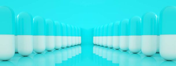Row of capsule pills over blue background, pharmacy  concept, 3d rendering, panoramic image - Photo, Image