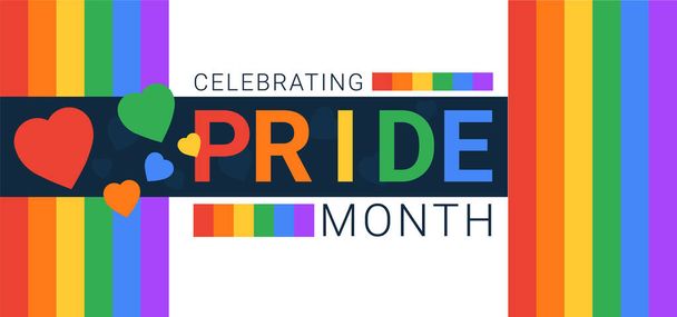 Celebrando el mes del orgullo con corazones. Rainbow brillante Banner para cartelera y artículos web. Plantilla ilustrativa vectorial - Vector, Imagen