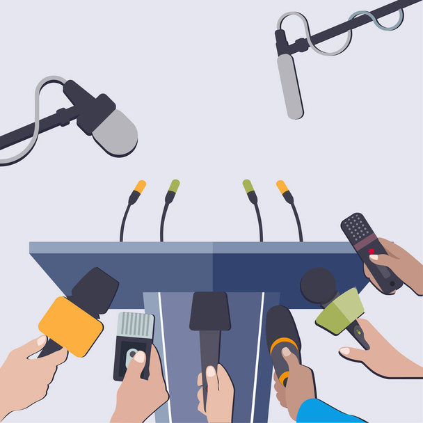 Rostrum with microphones to interview, press conference and claim. Vector stage for news and mass communication media, journalism and broadcasting conference illustration - Vector, Image