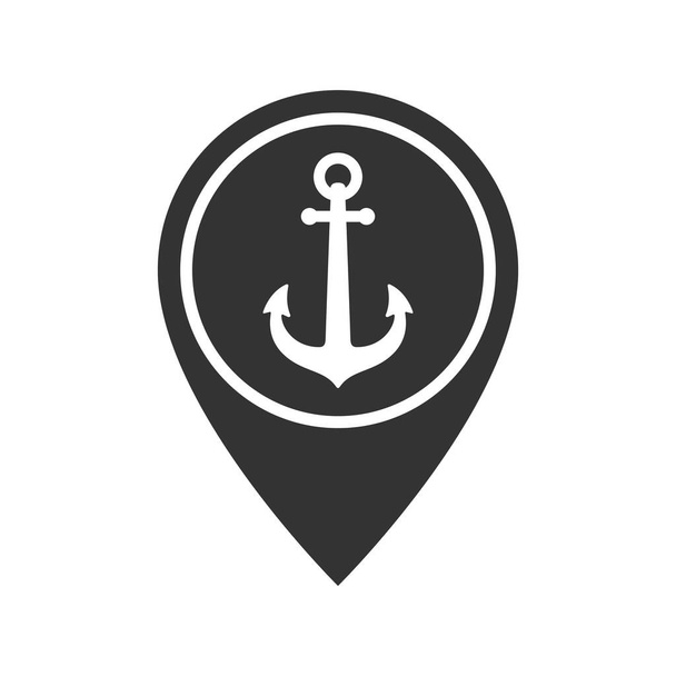 Ancre sur l'icône graphique du pointeur de carte. Symbole du port maritime. Signe isolé sur fond blanc. Illustration vectorielle - Vecteur, image