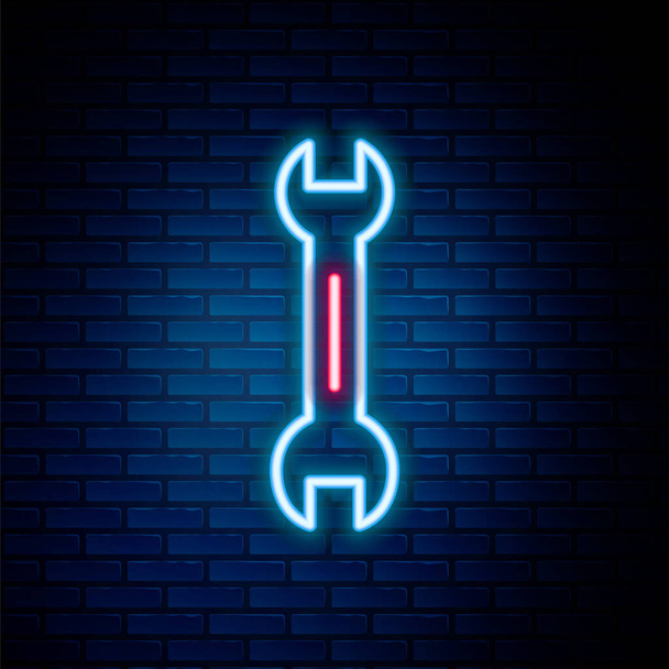 Leuchtende Neon-Linie Schraubenschlüssel-Symbol isoliert auf Backsteinwand Hintergrund. Buntes Rahmenkonzept. Vektor - Vektor, Bild