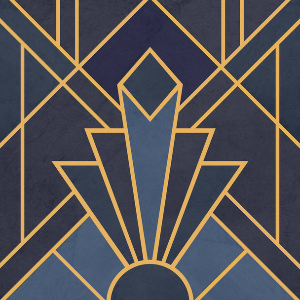 Abstract geometric design in Art Deco style on grunge navy blue background with golden lines decoration - Photo, image