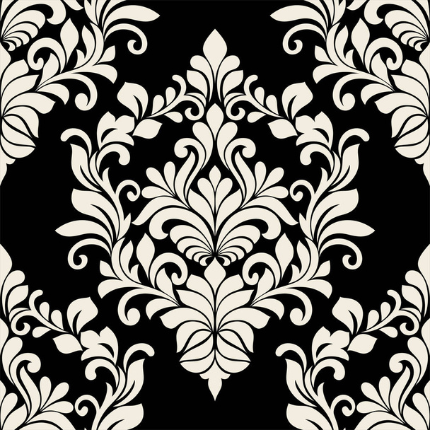 Damasco floral. patrón sin costuras. ornamento vintage de flores blancas y negras para tela, embalaje, papel pintado. fondo vectorial adornado. - Vector, imagen
