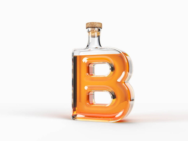 Butelka w kształcie litery B z whisky w środku. Ilustracja 3d, nadaje się do czcionek, alkoholu i tematów picia - Zdjęcie, obraz