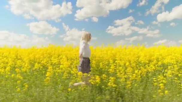 mujer felizmente camina por un campo de colza y toca flores amarillas. - Imágenes, Vídeo