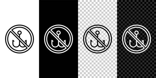 Set line No fishing icon isolated on black and white background. Prohibition sign.  Vector. - Vector, Image
