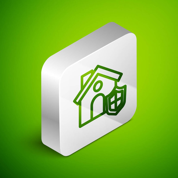 Isometric line House with shield icon isolated on green background. Insurance concept. Security, safety, protection, protect concept. Silver square button. Vector.. - ベクター画像