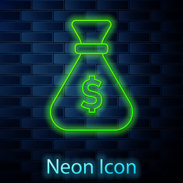 Glowing neon line Money bag icon isolated on brick wall background. Dollar or USD symbol. Cash Banking currency sign.  Vector. - Vector, Image