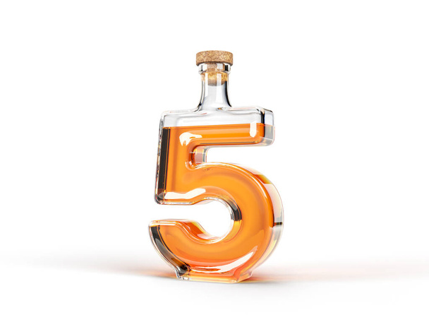 Number 5 shaped bottle with whisky inside. 3d illustration, suitable for font, alcohol and drinking themes - Photo, Image