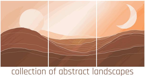  collectie landschappen met gestileerde bergen, zon en maan in geel woestijnpalet - Vector, afbeelding