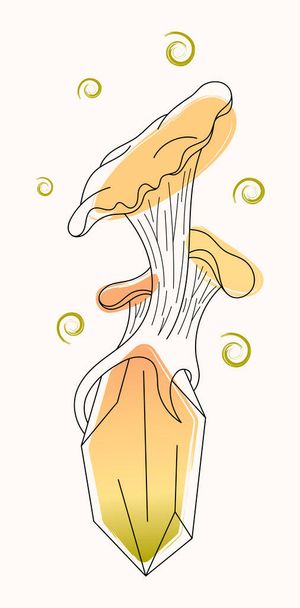 Linea arte illustrazione fungo commestibile finferli su un cristallo magico guarigione - Vettoriali, immagini