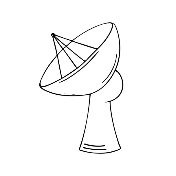 Parabola satellitare disegnata a mano che esplora lo spazio e la vita extraterrestre. Stile Doodle, semplice disegno minimalista. Schizzo cosmico fantasy, linea art.Isolato.Illustrazione vettoriale. - Vettoriali, immagini