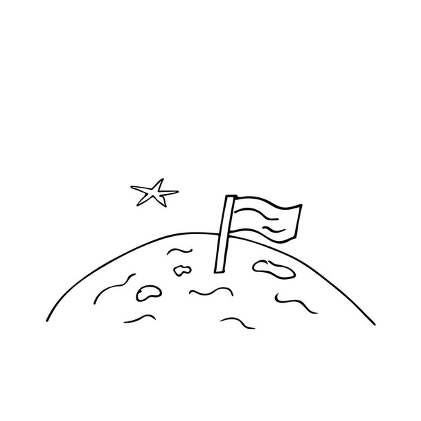 Ručně kreslená vlajka planety s krátery. Symbol kolonizace Měsíce. Hvězdná krajina.Doodle styl, jednoduchá minimalistická kresba.Fantazie kosmický náčrt, line art.Izolované.Vektorová ilustrace - Vektor, obrázek
