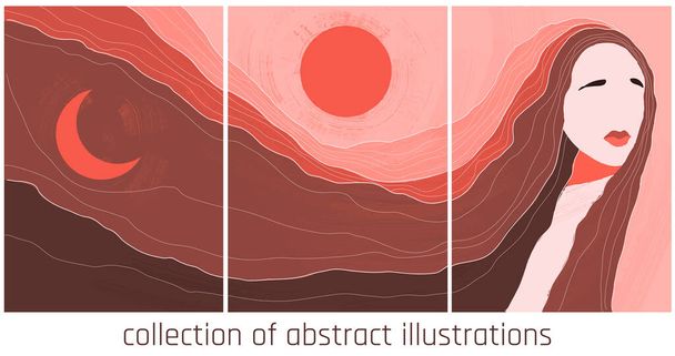  Fantasie abstrakte Illustration in orangefarbenen Farben mit Weibchen, Landschaft Sonne und Mond - Vektor, Bild