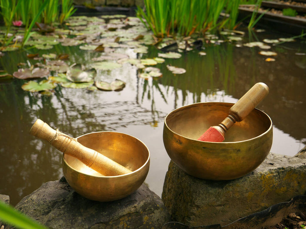 Photo of two singing bowls on rocks with a pond and water lilies in the background - Foto, imagen