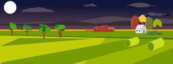  τοπίο αγροτικό τοπίο, πράσινο πεδίο με στοίβες άχυρο και κτίρια αγρόκτημα μπλε συννεφιασμένο ουρανό. Καλοκαίρι ώρα ύπαιθρο διάνυσμα γεωργικής γης - Διάνυσμα, εικόνα