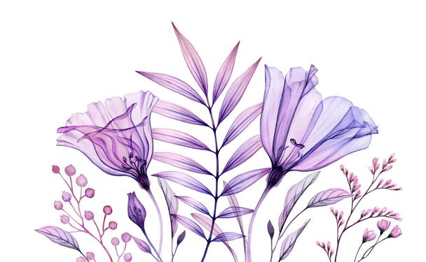 Aquarell Blumenschmuck in Lila. Horizontale Grenze. Handbemalte Kunstwerke mit transparenten violetten Blüten und tropischen Blättern isoliert auf weiß. Abstrakte botanische Illustration - Foto, Bild