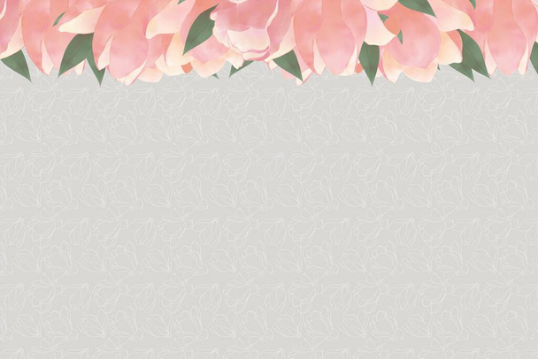 上にピンクのマグノリアの花の構成で飾られた輪郭の花の質感を持つ灰色の背景。 - 写真・画像