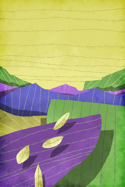 Vertical illustration of minimal fantastic landscape. Purple mountains and yellow sky with copy space in the background. - Photo, Image