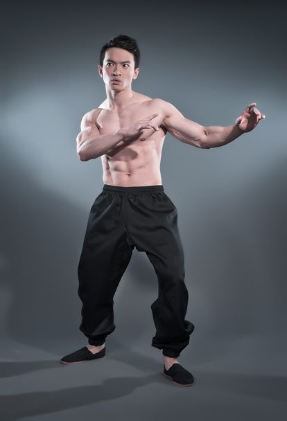 Muscled asian kung fu man in action pose. Wearing black pants. S - Photo, Image