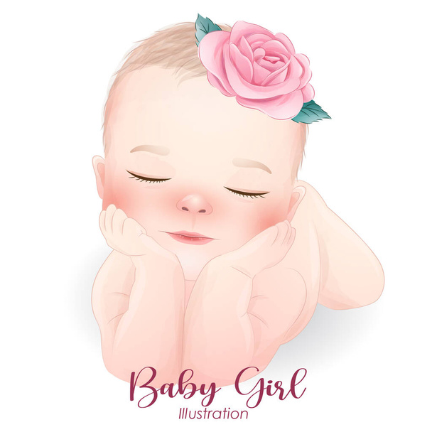 Cute baby girl with watercolor illustration - Vector, Image