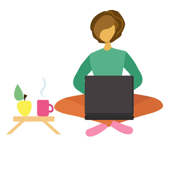 Frau mit dunklen Haaren, Laptop sitzend, Fernarbeit oder Studium, Online-Kurse zu Hause Vektor-Illustration - Vektor, Bild
