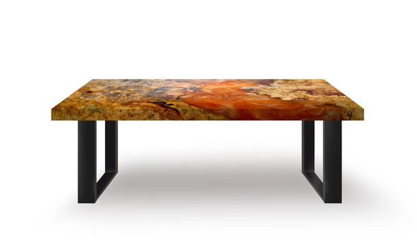 Τραπέζι μοντέρνο στυλ από χυτό εποξειδική ρητίνη maple burl ξύλινα πόδια από χάλυβα στο πάτωμα λευκό φόντο  - Φωτογραφία, εικόνα