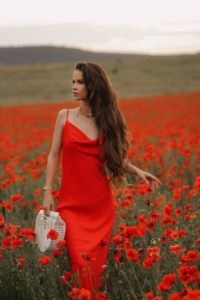 fashion outdoor photo of beautiful woman with dark hair in elegant red dress posing in blooming poppy field - Photo, image