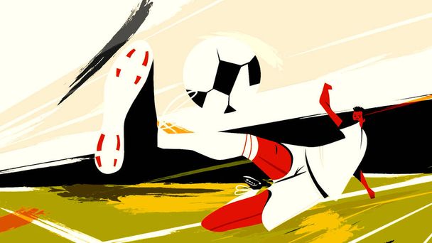 Abstrakte animierte Silhouette eines männlichen Fußballspielers, der in einem Sprung erstarrt ist, um den Ball zu treffen. Bewegung. Details eines Sportspiels auf der grünen Wiese. - Foto, Bild