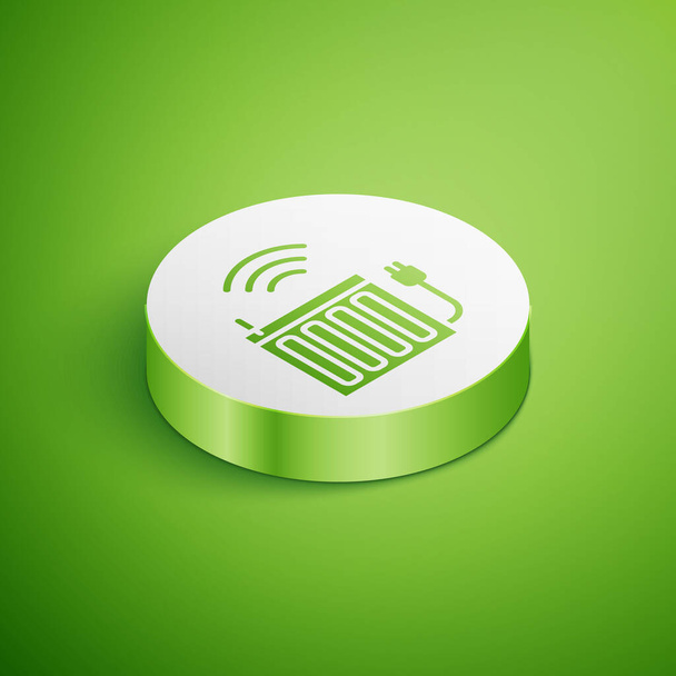 緑の背景に隔離されたアイソメトリックスマートヒーティングラジエータシステムのアイコン。ワイヤレス接続で物事の概念のインターネット。白い丸ボタン。ベクトル. - ベクター画像
