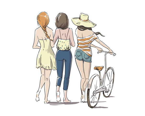 tres mujeres jóvenes caminando descalzas con bicicleta, ilustración vector de vista trasera - Vector, imagen
