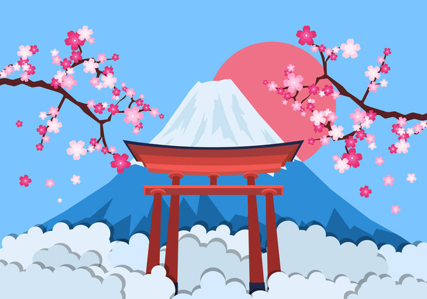 Japonês paisagem fundo com torii. Ilustração vetorial. Contexto abstrato. - Vetor, Imagem