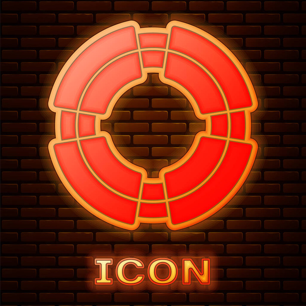 Glowing neon Business lifebuoy icon isolated on brick wall background. Rescue, crisis, support, team, partnership, bankruptcy, business concept.  Vector. - Vector, Image