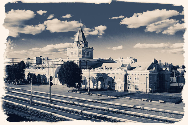 Paysage avec traitement vintage, une belle vue sur la gare de Tchernihiv - Photo, image