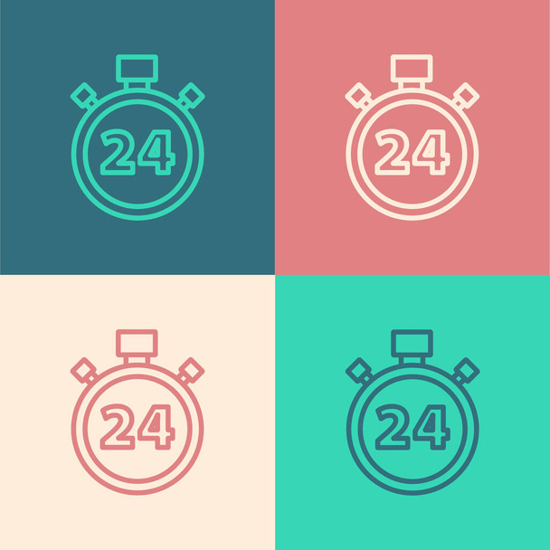 Pop-Art-Linie Stopwatch 24 Stunden Symbol isoliert auf farbigem Hintergrund. Ganztägig zyklische Ikone. 24 Stunden Service-Symbol. Vektor. - Vektor, Bild
