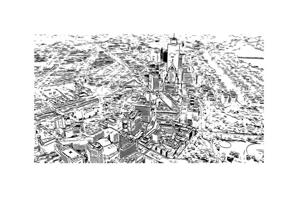 Vytisknout Pohled na budovu s orientačním bodem Bostonu je město v Massachusetts. Ručně kreslená kresba ilustrace ve vektoru. - Vektor, obrázek