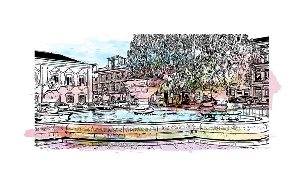 Vytisknout Pohled na budovu s orientačním bodem Braga je město na dalekém severu Portugalska. Akvarelové stříknutí s ručně kresleným náčrtem ilustrace ve vektoru. - Vektor, obrázek