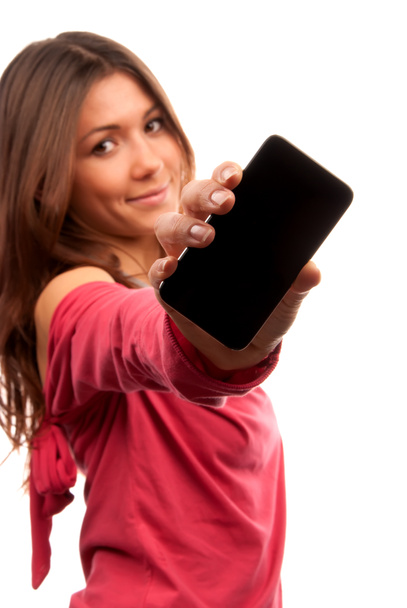 Woman Showing display of touch mobile cell phone - Foto, Imagem