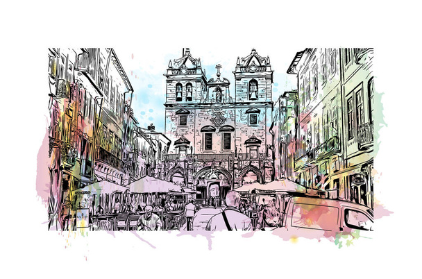 Imprimir Vista para o edifício com referência de Braga é uma cidade no extremo norte de Portugal. Esguicho aquarela com desenho à mão ilustração em vetor. - Vetor, Imagem