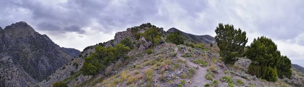 Montagne rocciose Wasatch Fronte paesaggio vista ai piedi del Monte Timpanogos, Monte Mogano percorso naturalistico escursionistico, da Orem e Provo, Utah. Stati Uniti. Stati Uniti. - Foto, immagini