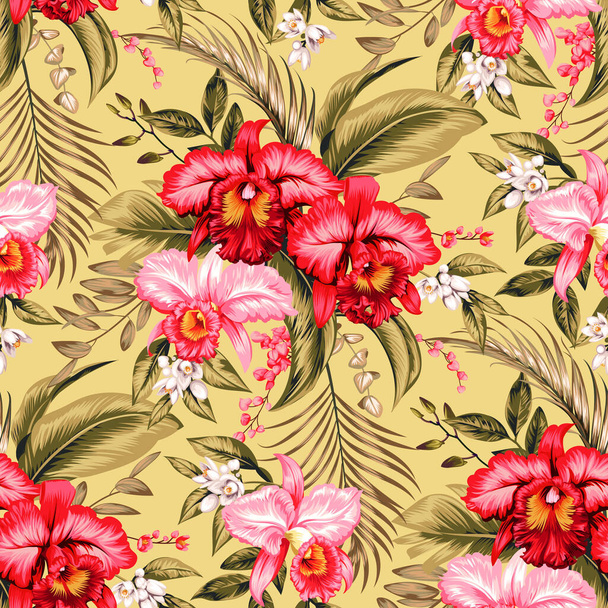 Seamless tropical background with pink orchid and palm leaves - Wektor, obraz