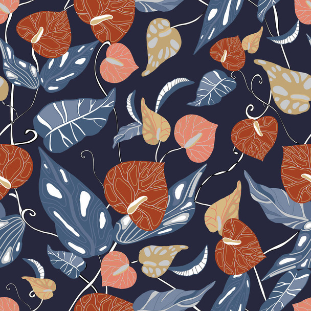 Hand drawn red, pink anthurium. Blooming flowers seamless pattern. Tropical,botanical floral and leaves background. Exotic, vector print, texture on dark blue background. - Vetor, Imagem