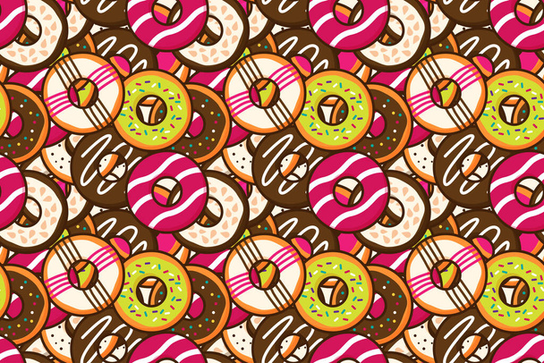 Cilalı ve arkaplanlı bir grup renkli tatlı çörek. Üst manzara donut desenli arkaplan duvar kağıdı. Tatlı ve fırın konsepti. Sevimli çizgi film yemek vektörü çizimi. - Vektör, Görsel