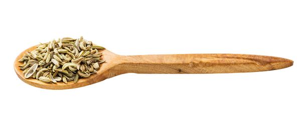 cuchara de madera con semillas de hinojo aisladas sobre fondo blanco - Foto, imagen