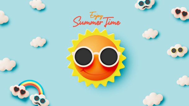 Merhaba yaz, sevimli güneşli ve bulutlu 3D kağıt resim tarzı arka plan ve pastel renk şeması çizimi - Vektör, Görsel